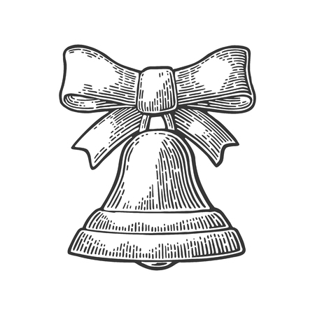 Christmas bell with bow. Isolated on white background. Vector vintage black engraving illustration.のイラスト素材