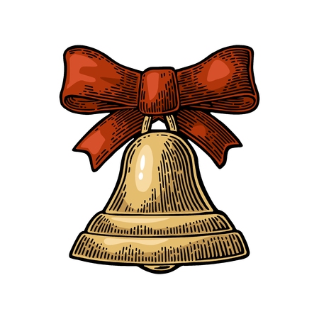 Christmas gold bell with red bow. Isolated on white background. Vector vintage black engraving illustration.のイラスト素材