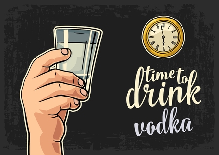 Male hand holding glass vodka and antique pocket watch. Vector flat illustration for web, poster, invitation to party. Time to Drink lettering. Isolated on vintage dark background.のイラスト素材