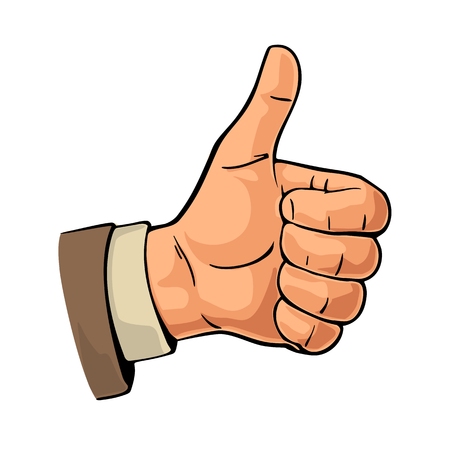 Hand showing symbol Like. Making thumb up gesture. Hand drawn design element. Vector color flat illustration isolated on white background. Sign for web, poster, info graphicのイラスト素材