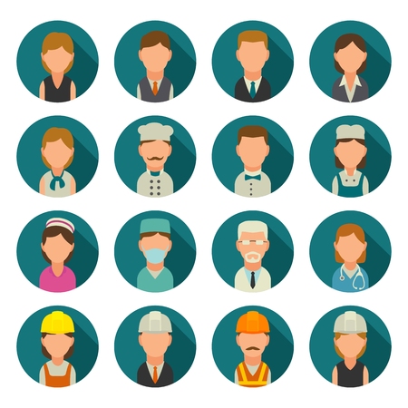 Set icon character cook, builder, business and medical people. Vector flat illustration on turquoise circle.のイラスト素材