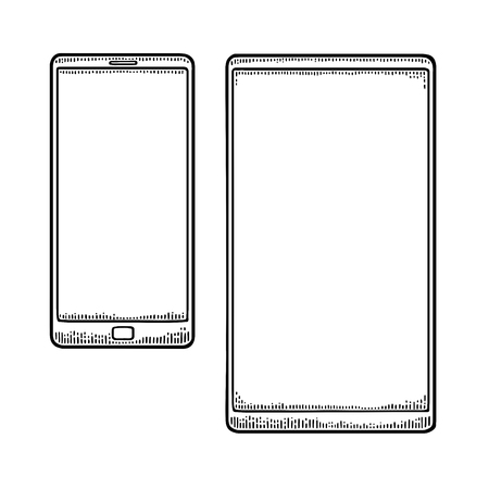 Two modern mobile phone. Vintage drawn black vector engraving illustration for info graphic, poster, web. Isolated on white backgroundのイラスト素材