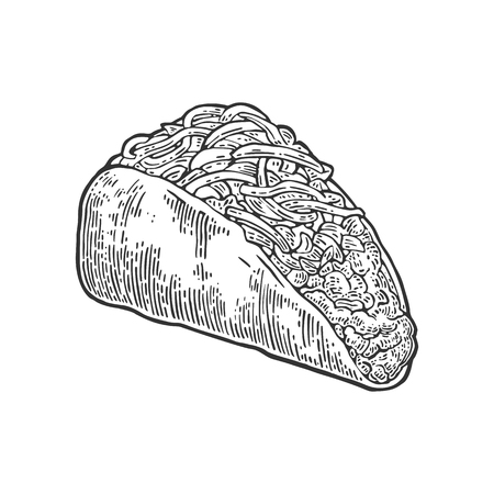 Tacos - mexican traditional food. Vector black vintage engraved illustration for menu, poster, web. Isolated on white backgroundのイラスト素材