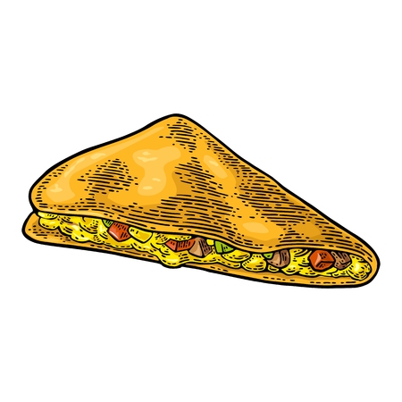 Quesadilla - mexican traditional food. Vector color vintage engraved illustration for menu, poster, web. Isolated on white backgroundのイラスト素材