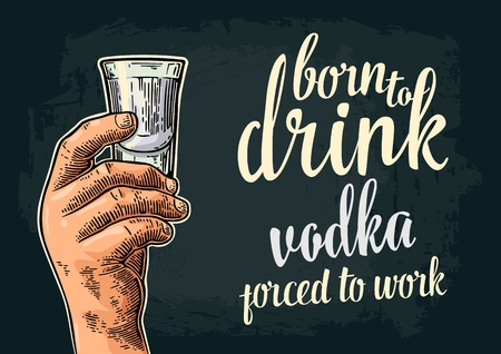Male hand holding glass rum. Born to drinkのイラスト素材