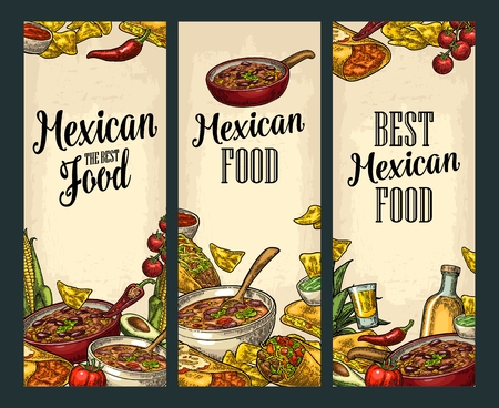 Vertical posters with Mexican traditional food and ingredient. Guacamole, Quesadilla, Enchilada, Burrito, Tacos, Nachos, Chili con carne. Vector vintage engraved illustration on beige backgroundのイラスト素材
