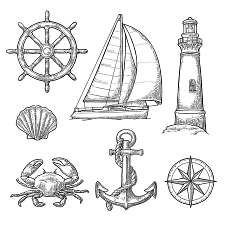 Set sea adventure. Anchor, wheel, sailing ship, compass rose, shell, crab, lighthouse isolated on white background. Vector vintage engraving illustration. For poster yacht club.のイラスト素材