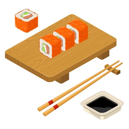 Sushi roll Philadelphia with fish, cream cheese, chopsticks, wood board.のイラスト素材