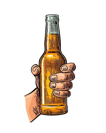 Male hand holding open bottle beer. Color vintage engraving vector illustration.のイラスト素材