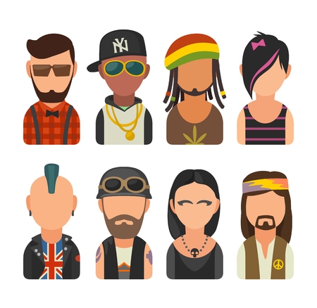 Set icon different subcultures people. Hipster, raper, emo, rastafarian, punk, biker, goth, hippyのイラスト素材