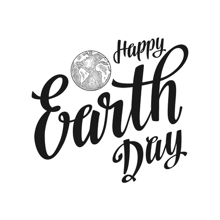 Planet globe. Happy Earth Day lettering. Vector black vintage engraving illustration isolated on a white background.のイラスト素材