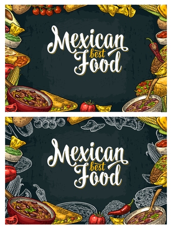 Mexican traditional food restaurant menu template with Guacamole, Quesadilla, Enchilada, Burrito, Tacos, Nachos, Chili con carne and ingredient.のイラスト素材