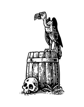 Griffin sitting on barrel with skull.のイラスト素材