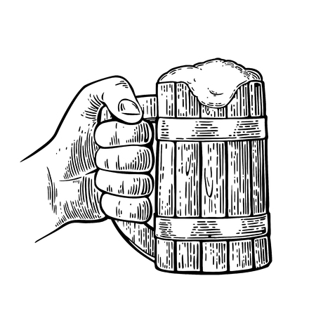 Male hand holding full beer wooden mug with foamのイラスト素材