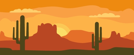 Panorama mountains and sunset sky with clouds and cactus. Vector flat color illustration. For horizontal bannerのイラスト素材
