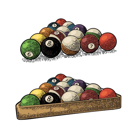 Billiard balls with number in triangle with shadow. Vintage color engraving illustration for poster, web. Isolated on white background.のイラスト素材