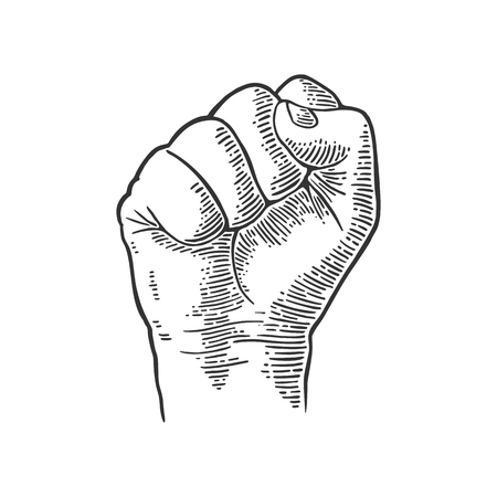 Human hand with a clenched fist. Vector black vintage engraved illustration isolated on white background. Hand sign for web, poster, info graphicのイラスト素材