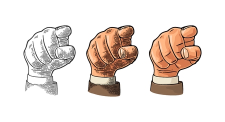 Male hand showing a fig sign. Vector black vintage engraved illustration isolated on a white background. For web, poster, info graphicのイラスト素材