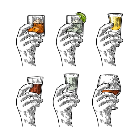 Hand holding glass with tequila, vodka, rum, cognac, whiskey, gin.のイラスト素材