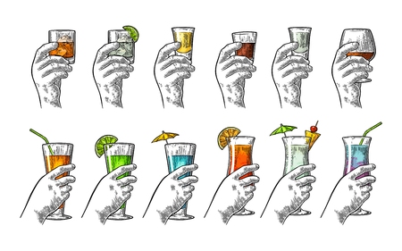 Hand holding glass tequila, vodka, rum, cognac, whiskey, gin, cocktail.のイラスト素材