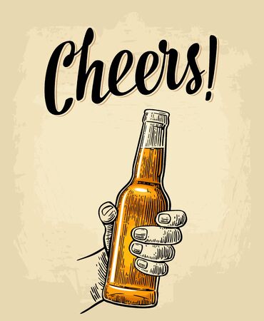 Male hand holding a full beer open bottleのイラスト素材