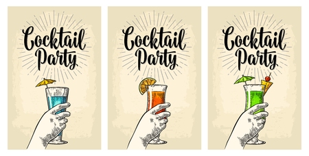 Green, blue and red cocktail with slice pineapple, lemon and umbrella.のイラスト素材