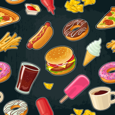 Seamless pattern fast food. Cup cola, coffee, donut, ice cream, chips, milkshake, hamburger, chicken legs, hotdog, fry potato, popcorn, ketchup Vector flat color illustration isolated on dark backgroundのイラスト素材