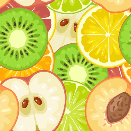 Seamless pattern fruits. Slice apple, kiwi, peach, lime, lemon, orange. Vector color vintage engraving illustration for poster, menuのイラスト素材