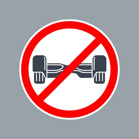 Prohibition sign No hoverboard inside of round. Vector flat simple red and black illustration on white background. For pictogram and icon.のイラスト素材