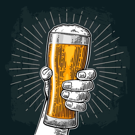 Male hand holding a beer glass. Vintage color vector engraving illustration for web, poster, invitation to party or festival. Isolated on dark backgroundのイラスト素材