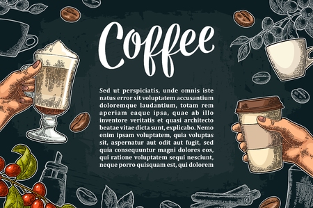 Template advertising with coffee hand holding a cup, beans, stick cinnamon, branch with leaf and berry. Vintage color and white vector engraving illustration on dark background.のイラスト素材