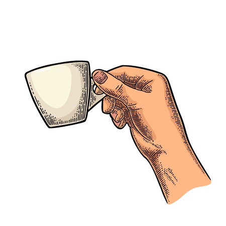 Hand holding a cup of coffee. Vintage color vector engraving illustration for label, web, flayer. Isolated on white backgroundのイラスト素材