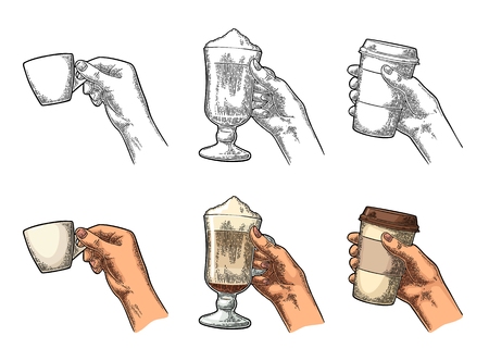 Hands holding a cup of coffee holder and glass of latteのイラスト素材