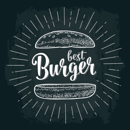 Best burger lettering with rays and engraving bun. White vector vintage illustration on dark chalkboard. For poster and menu.のイラスト素材