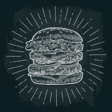 Double burger include cutlet, tomato, cucumber and salad with rays. Vector white vintage engraving illustration on dark chalkboard. For poster and menu.のイラスト素材