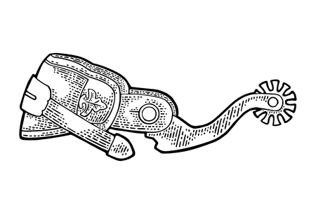 Spur from leather and metal. Vintage black engraving illustration for poster, web. Isolated on white background.のイラスト素材