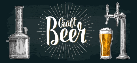 Beer set with tap, class, can, bottle and tanks from brewery factory.のイラスト素材