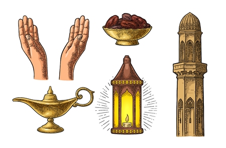 Praying Hands, arabic lamp,dates fruit, minaret and Aladdin lampのイラスト素材