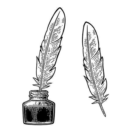 Inkwell, with feather isolated on white background. Vector black vintage engraving illustration. Hand drawn in a graphic style.のイラスト素材