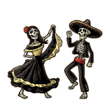 Day of the Dead, Dia de los Muertos . The skeleton in the Mexican national costumes dance, sing and play the guitar.のイラスト素材
