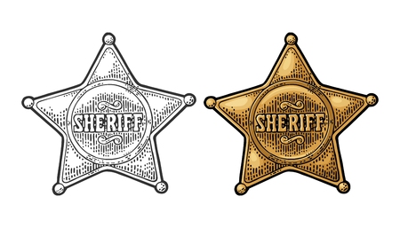 Sheriff star. Vintage black and color vector engravingのイラスト素材