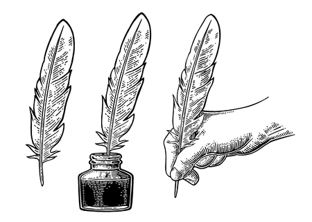 Inkwell and female hand holding a goose feather. Vector engravingのイラスト素材
