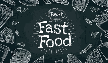 Poster fast food. Vector color flat illustration on dark backgroundのイラスト素材