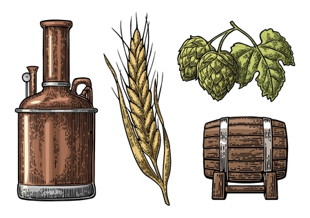 Row of tanks, hop branch with leaf, ear of barley and wooden barrel. For poster production process brewery beer. Isolated on white background. Vintage color vector engraving illustrationのイラスト素材