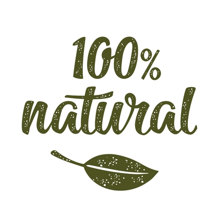100% natural lettering with leaf. Vector dark green vintage illustration isolated on white background.のイラスト素材