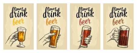 Male and female hands holding a glass with four types beer - light, white, red and dark. Vintage vector engraving illustration for web, poster, invitation to party. Isolated on beige backgroundのイラスト素材