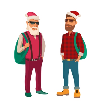 Santa Claus dressed in a trendy hipster style. Flat Vector illustration. Isolated on white background. For greeting card, poster, flayer, web, bannerのイラスト素材