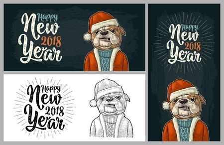 Dog Santa Claus in hat, coat. Happy New Year lettering.のイラスト素材
