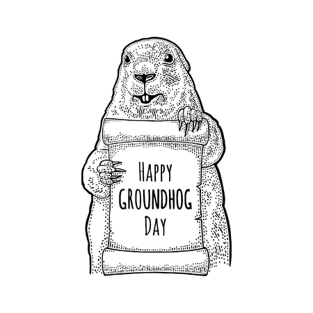Marmot holding poster. Happy Groundhog Day letterung. Engraving vintage vector black illustration. Isolated on white background. Hand drawn design element for label and posterのイラスト素材