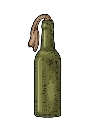 Molotov Cocktail. Glass bottle with gasoline and rag wick. Engraving vintage vector color illustration. Isolated on white background. Hand drawn design element for label and posterのイラスト素材